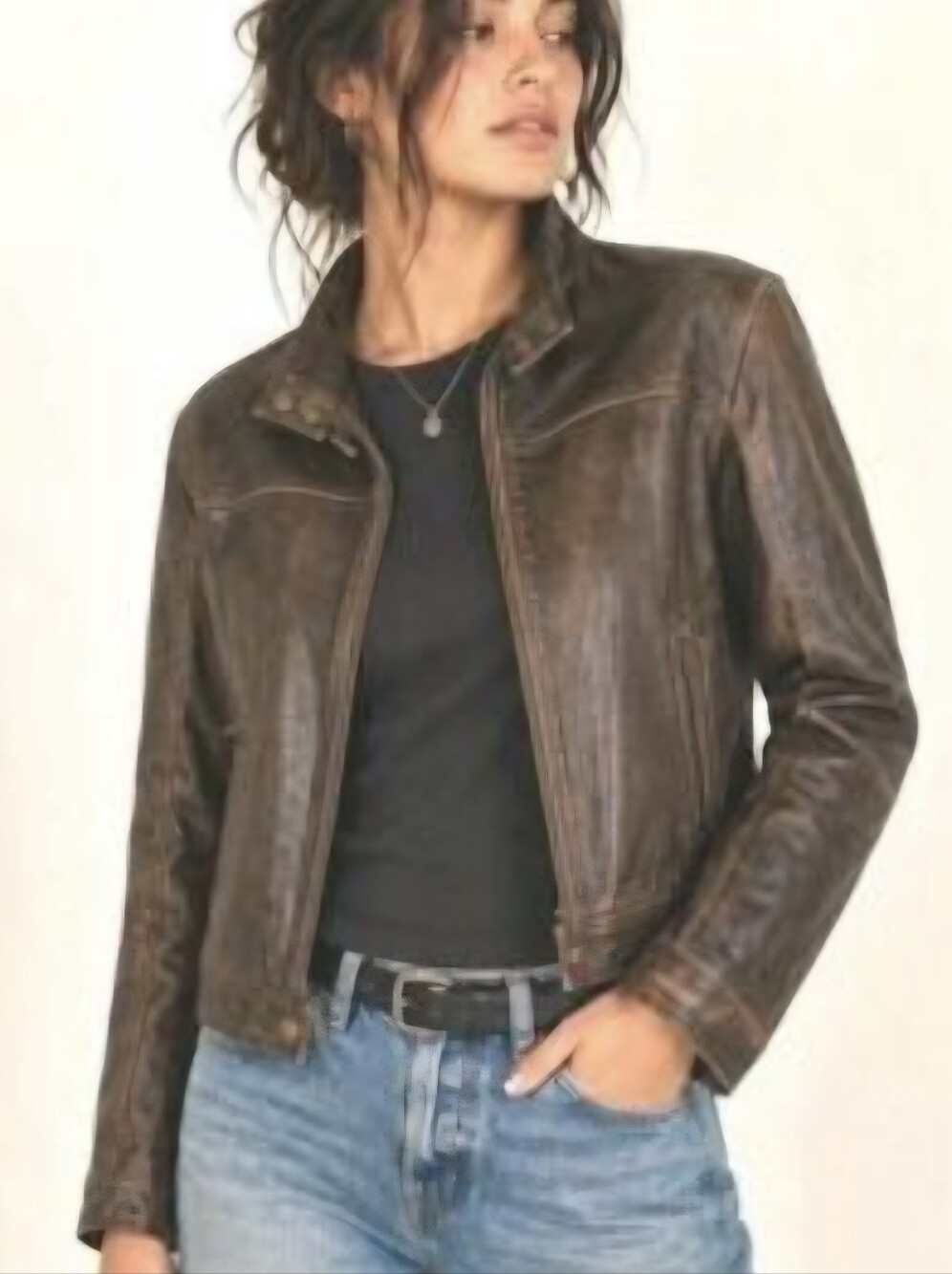 American Eagle Outfitters Distressed Brown Leather Moto Jacket Y2K Xs